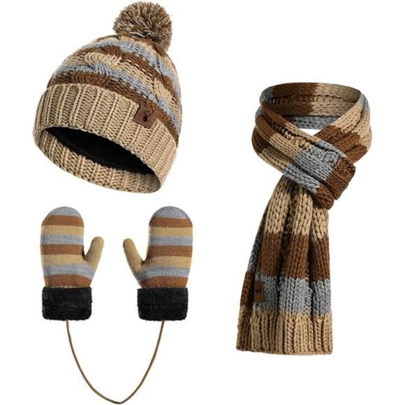 3pcs, Kids Warm Knitted Hat Mittens and Fleece Neck Warmer Scarf Set